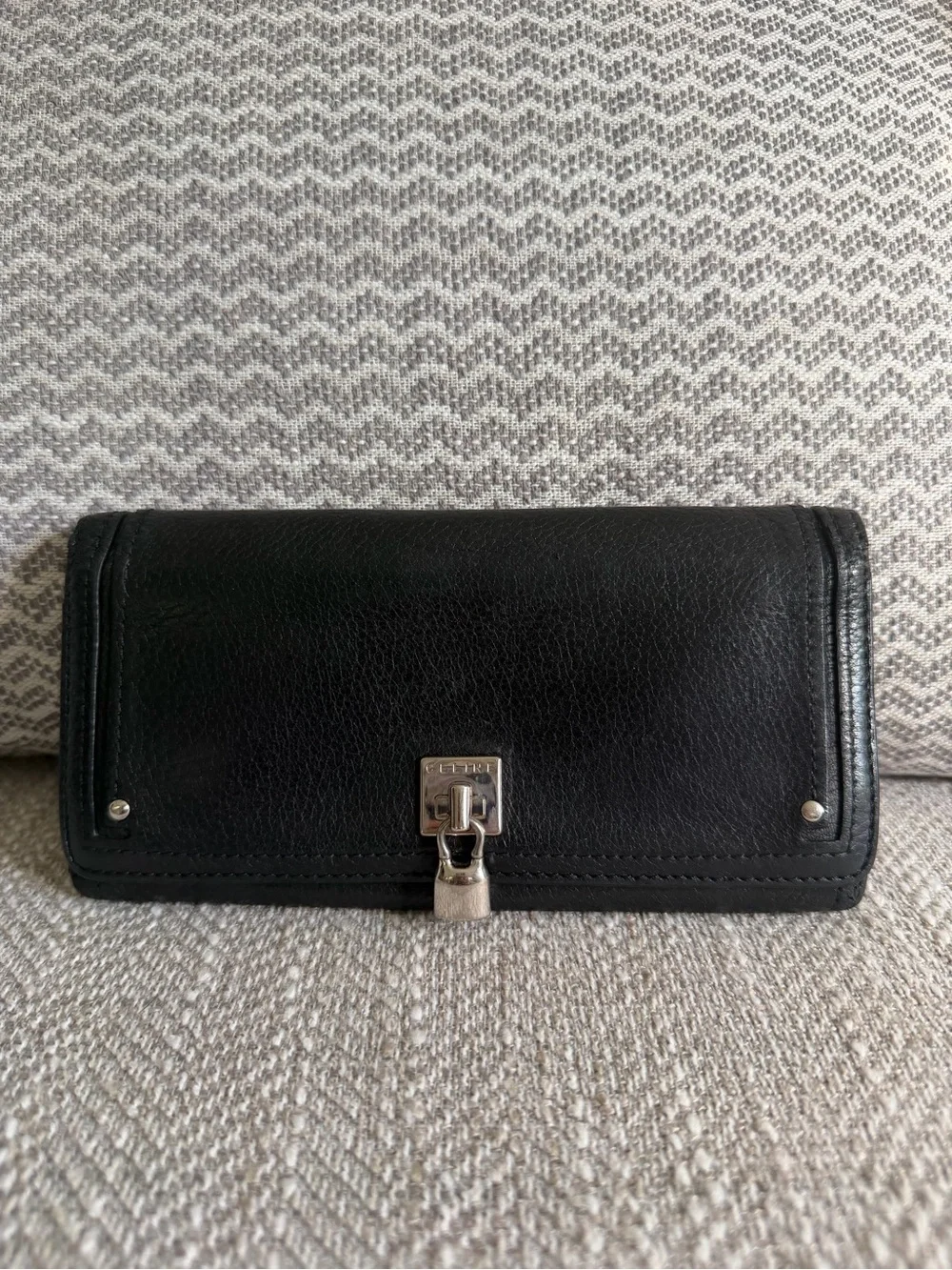Celine Black Leather Continental Long Wallet Lock Charm Snap Closure